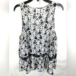 CAbi White and Black Floral Sleeveless Blouse Sz S